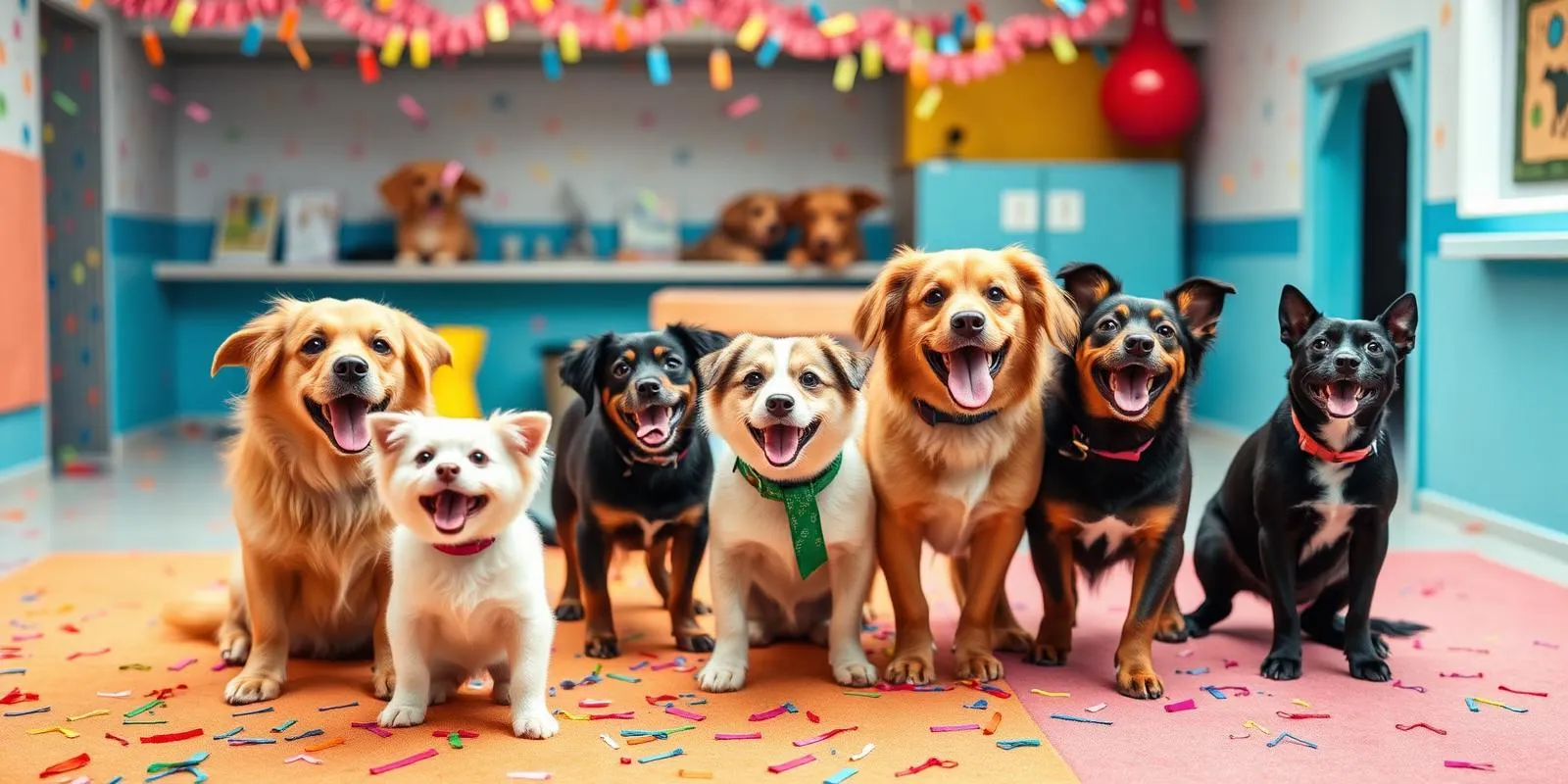Vários cachorros felizes em uma creche para pets decorada com festão
