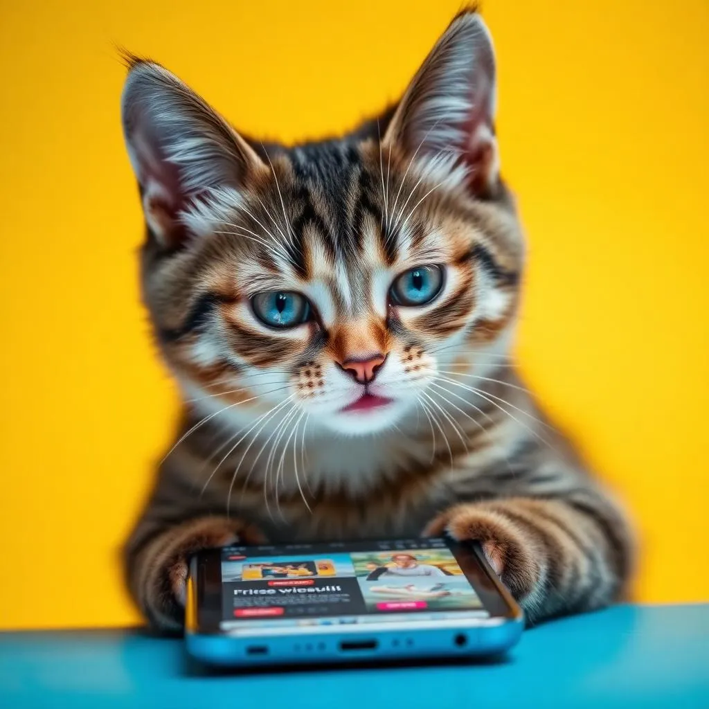 Gato observando um celular com resultados de busca na tela