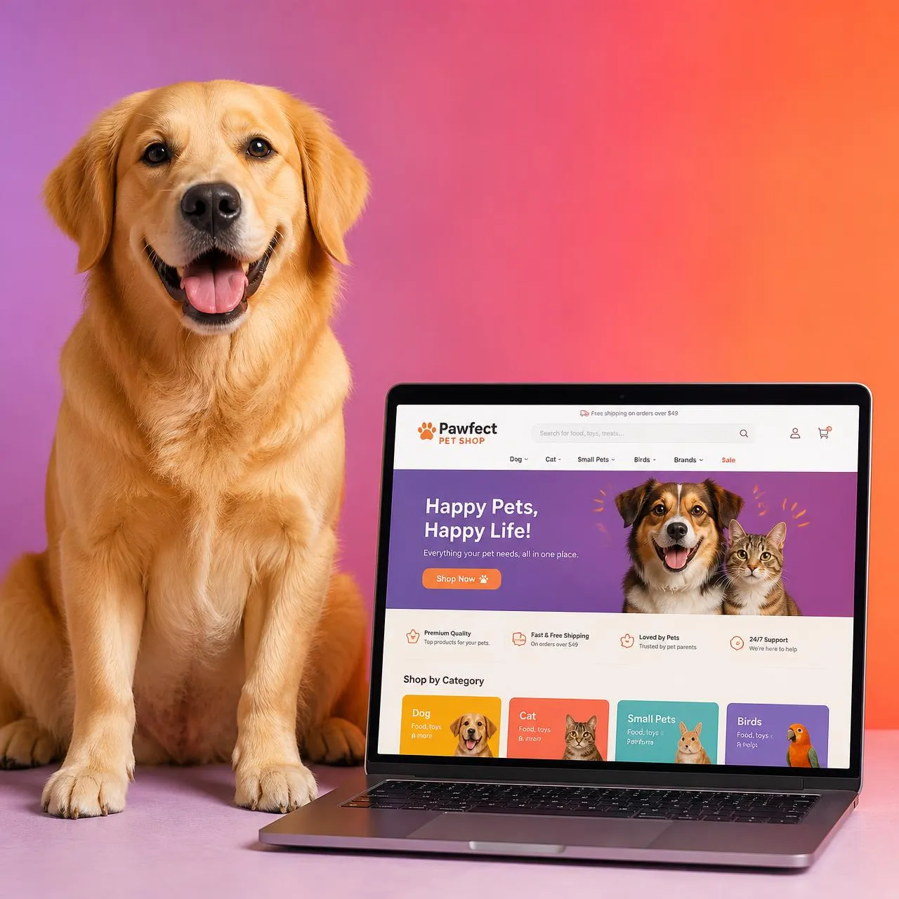 Cachorro ao lado de um notebook exibindo o site de um Pet Shop