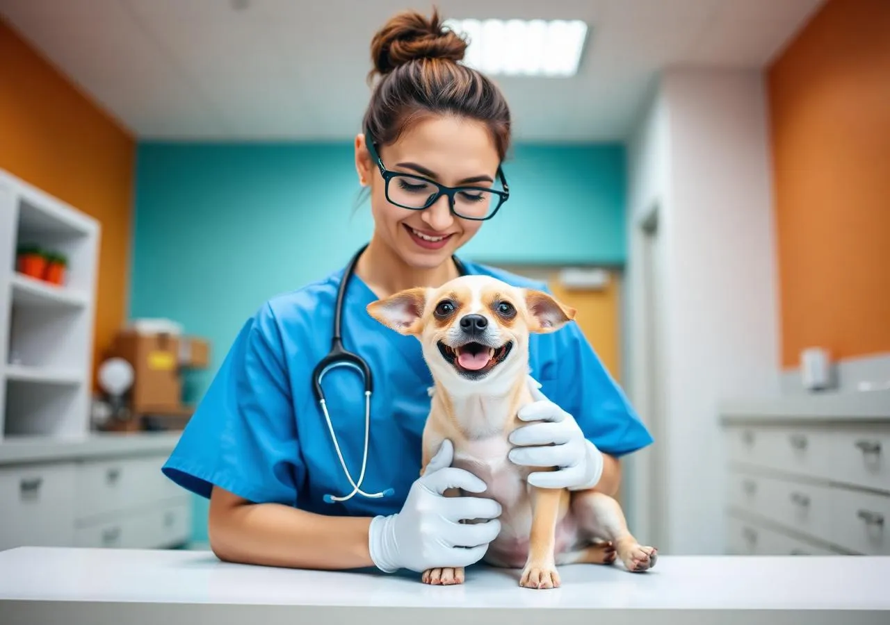Veterinária atendendo um cachorro na mesa de consulta